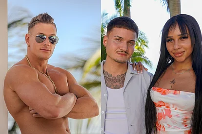 "Ex on the Beach"-Collage: links posiert Calvin mit Sonnenbrille, rechts lächeln Tobi und Nastasia in die Kamera