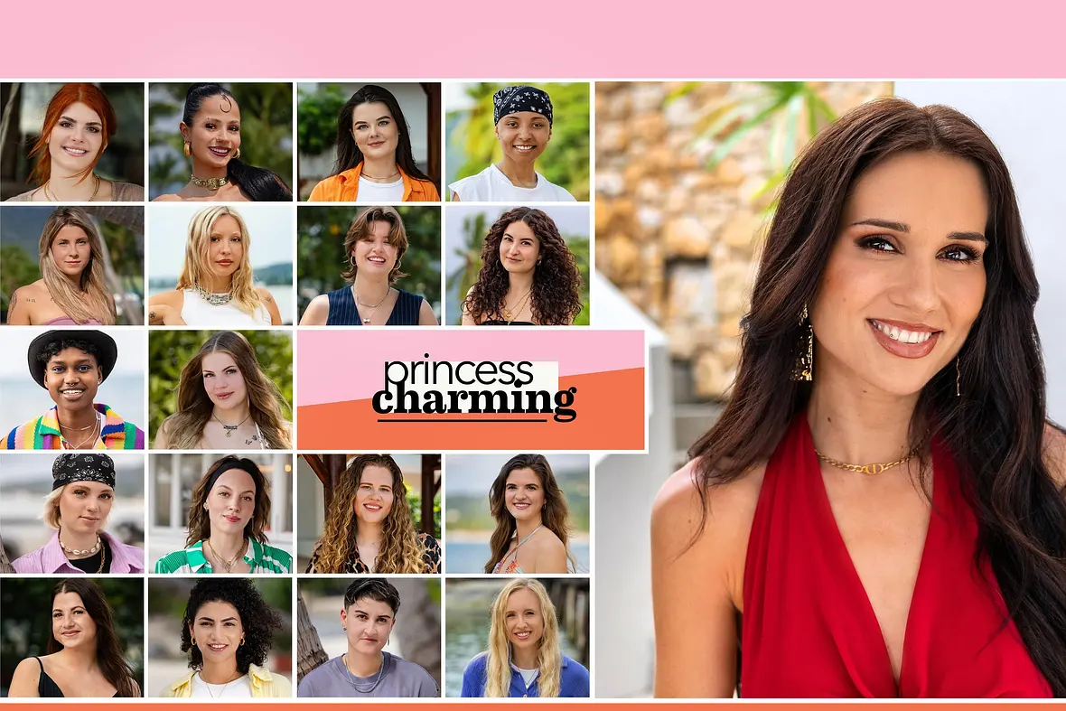 Rechts: Princess Vanessa Borck, in der Mitte das "Princess Charming" Logo und links die 18 Kandidatinnen in einer Collage aneinandergereiht.