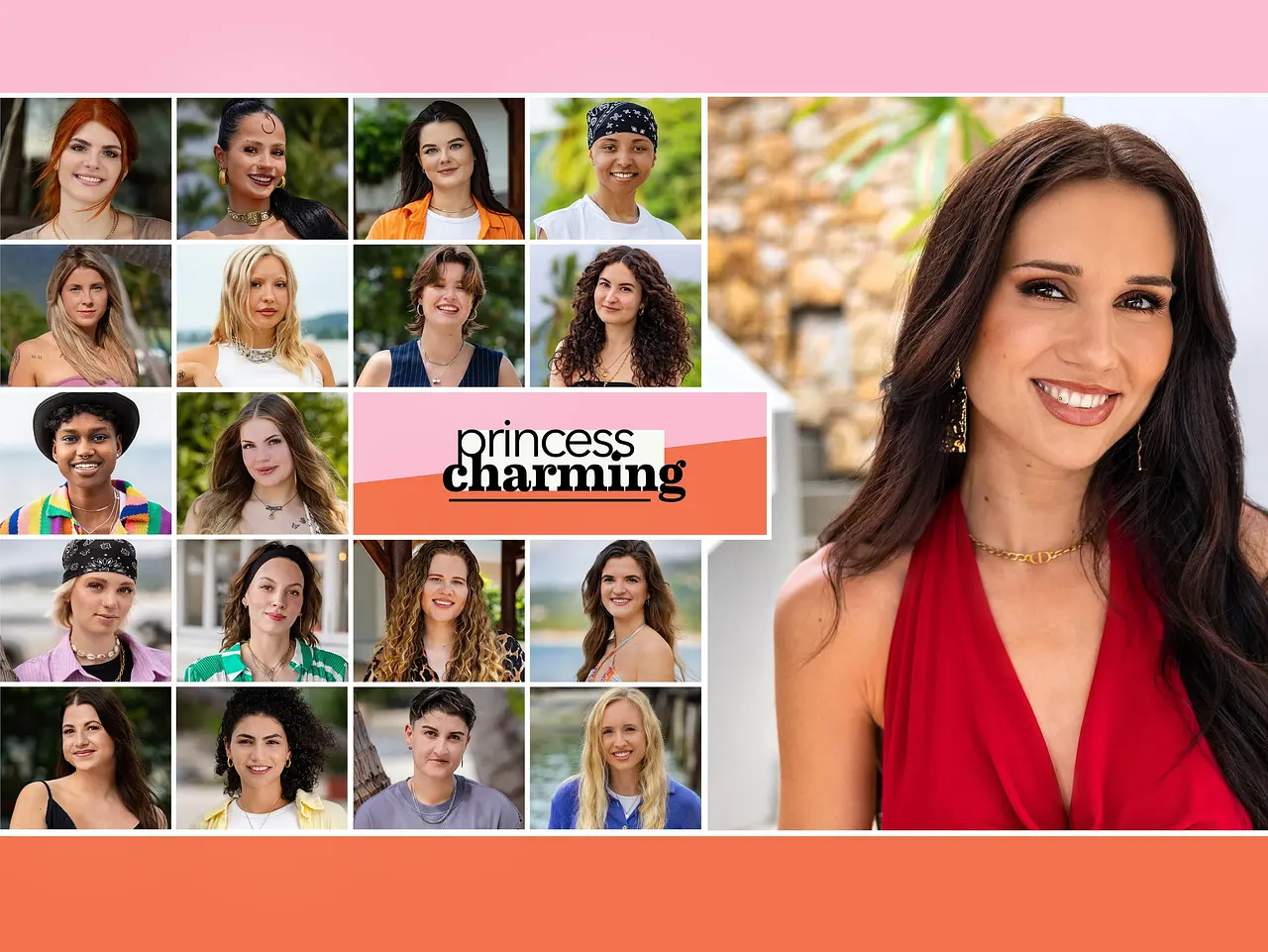 Rechts: Princess Vanessa Borck, in der Mitte das Princess Charming Logo und links die 18 Kandidatinnen in einer Collage aneinandergereiht. - Foto: RTL / Fine Lohmann