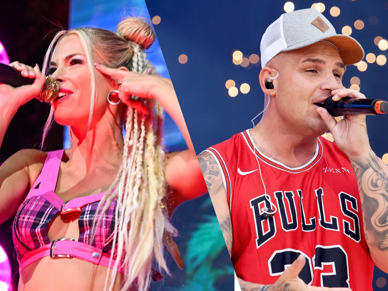 Links: Isi Glück in einer Performance, singend und im orange-roten Scheinwerfer Licht. Rechts: Pietro Lombardi, ebenso am singen, mit einem Mikrofon vor dem Mund.  - Foto: IMAGO / foto2press / Panama Pictures
