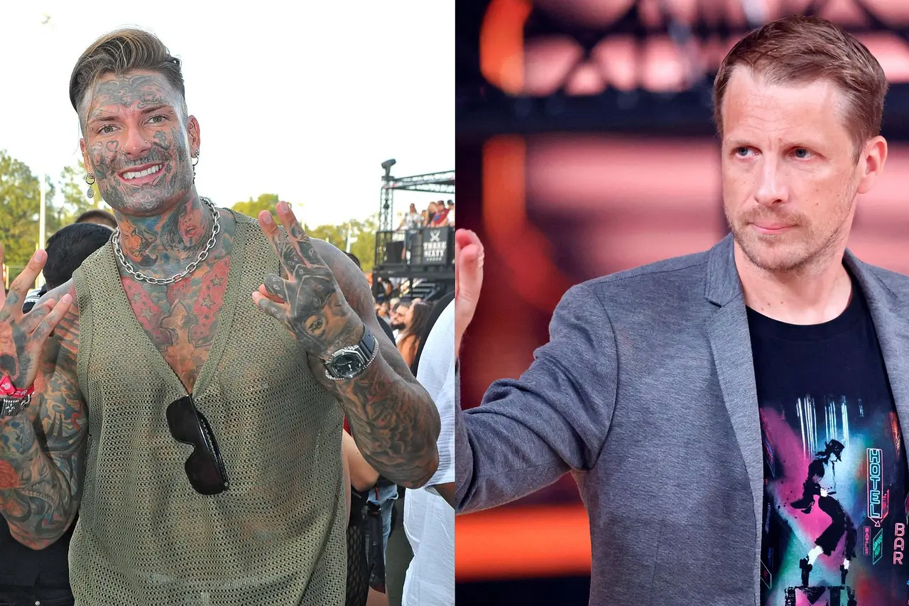 Nikola mit einem lächeln im Gesicht bei einem Event. Oliver Pocher hebt die Hand mit einem ernsten Gesichtsausdruck.
