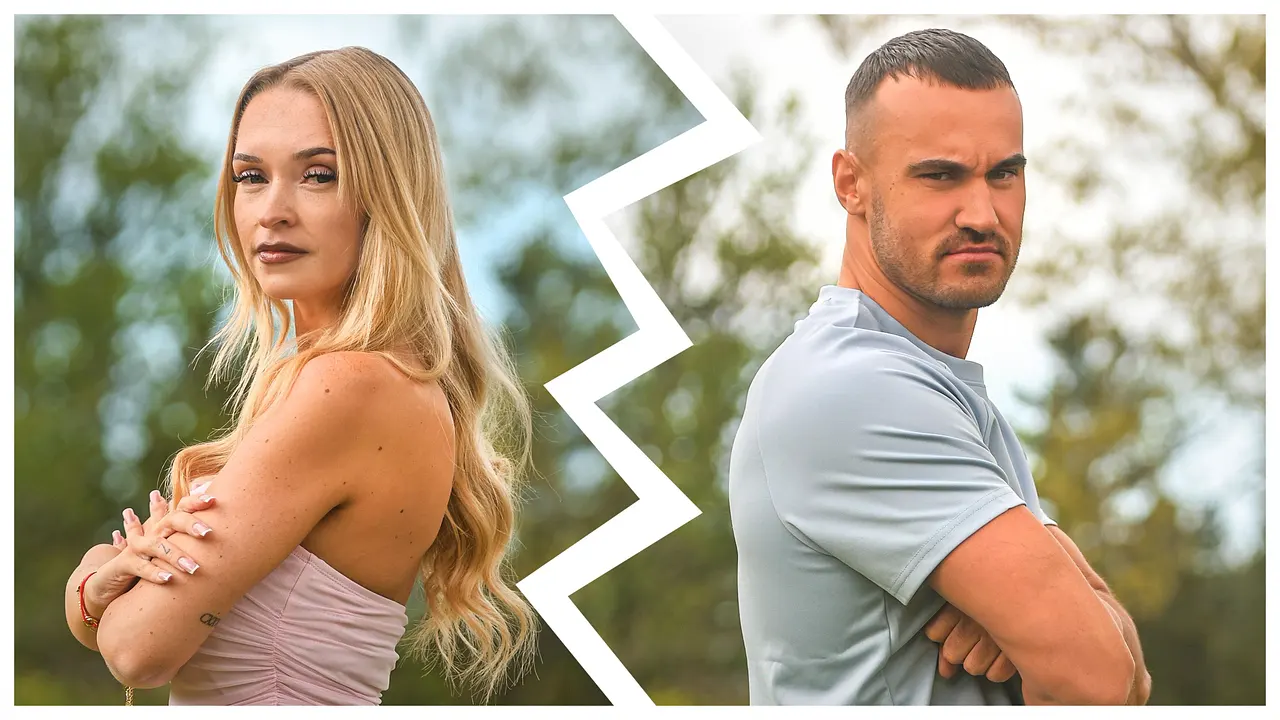 7AB76 Justyna und Adrian posieren mit verschränkten Armen für Prominent getrennt, in der Mitte ist das Bild mit einem Blitz getrennt - Foto: RTL