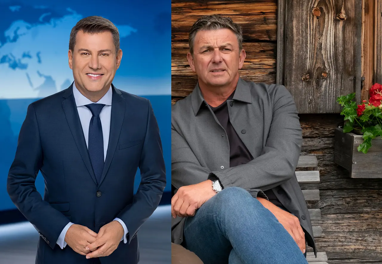 Die große Ankündigung von Jens Riewa sorgt nicht nur bei Hans Sigl für Frust. Links im Bild steht Jens Riewa lächelnd im Tagesschau-Studio. Rechts sitzt Hans Sigl in Der Bergdoktor unzufrieden auf einer Bank vor einer Holzhütte. - Foto: © NDR/Thorsten Jander/ZDF/Erika Hauri
