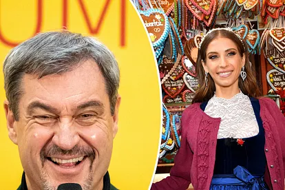 Collage: links Markus Söder, der lächelnd in ein Mikro spricht, rechts posiert Cathy Hummels lächelnd vor Lebkuchenherzen.