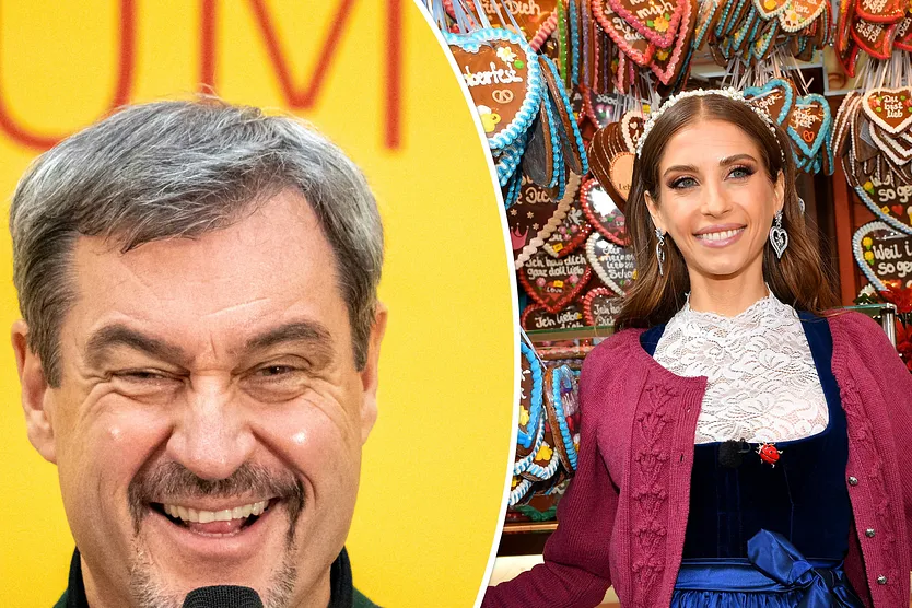 Collage: links Markus Söder, der lächelnd in ein Mikro spricht, rechts posiert Cathy Hummels lächelnd vor Lebkuchenherzen.