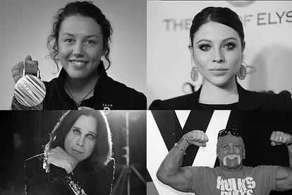 Fotocollage mit Laura Dahlmeier, Michelle Trachtenberg, Ozzy Osbourne und Hulk Hogan