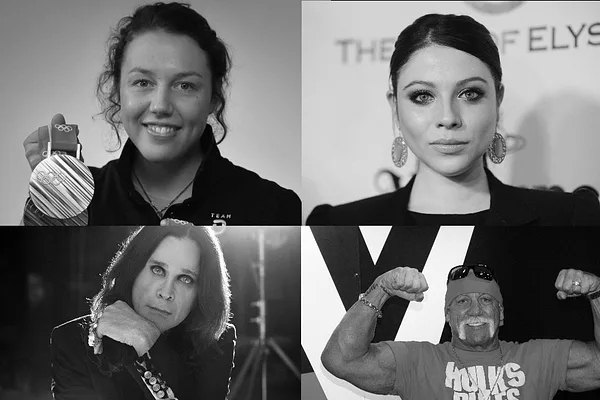 Fotocollage mit Laura Dahlmeier, Michelle Trachtenberg, Ozzy Osbourne und Hulk Hogan