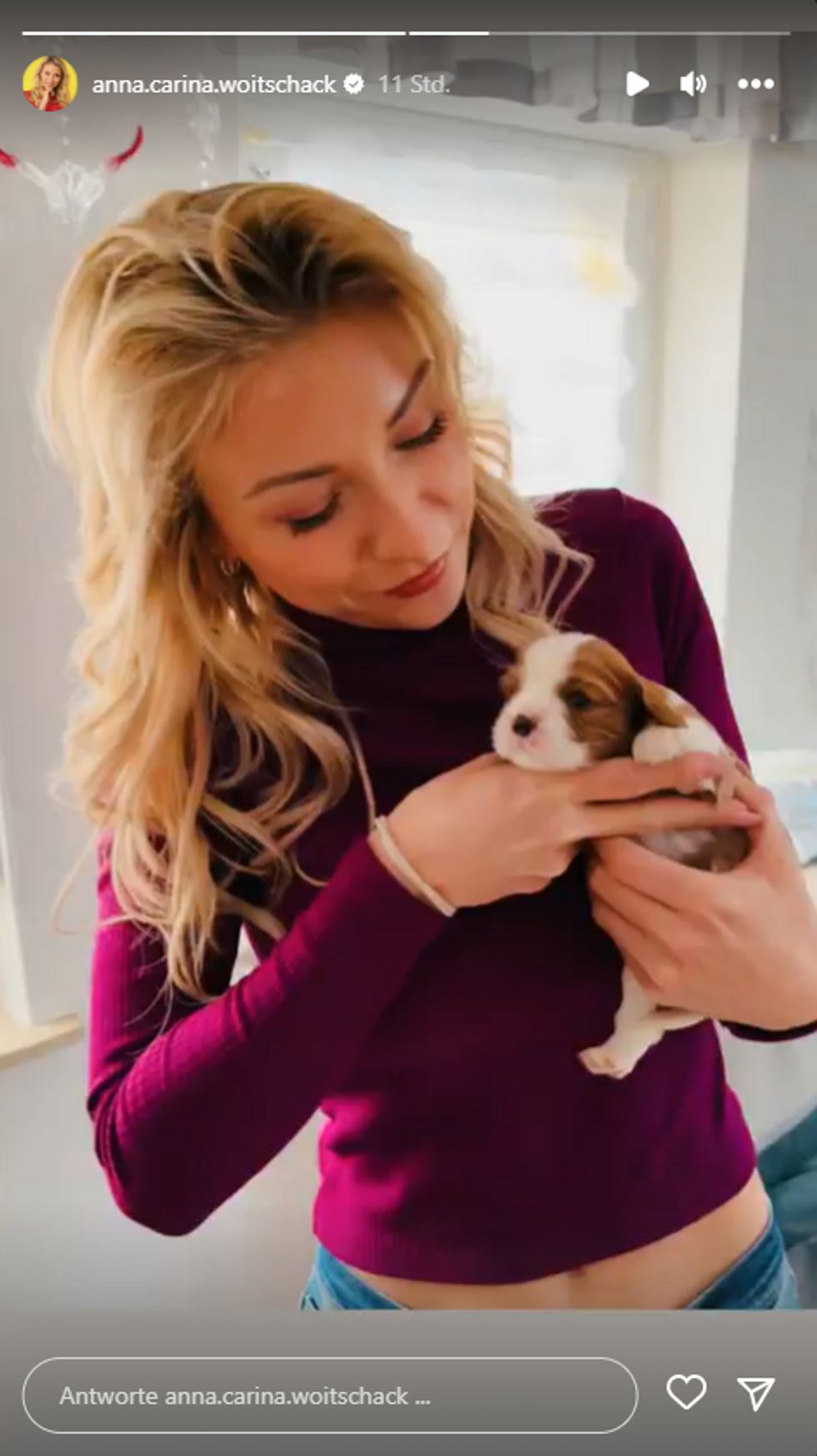 Anna-Carina Woitschack mit Baby Welpen