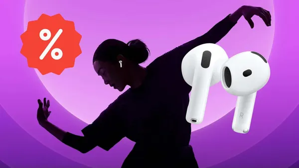 Eine Frau tanzt mit den Apple AirPods im Ohr, die als Produkt auch im Vordergrund noch zu sehen sind.
