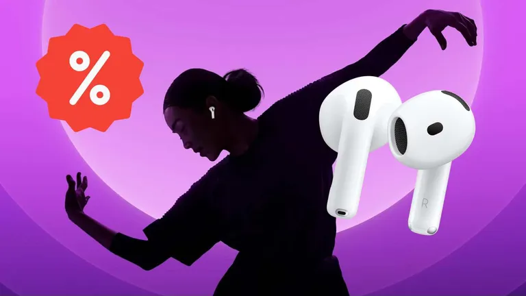 Eine Frau tanzt mit den Apple AirPods im Ohr, die als Produkt auch im Vordergrund noch zu sehen sind.