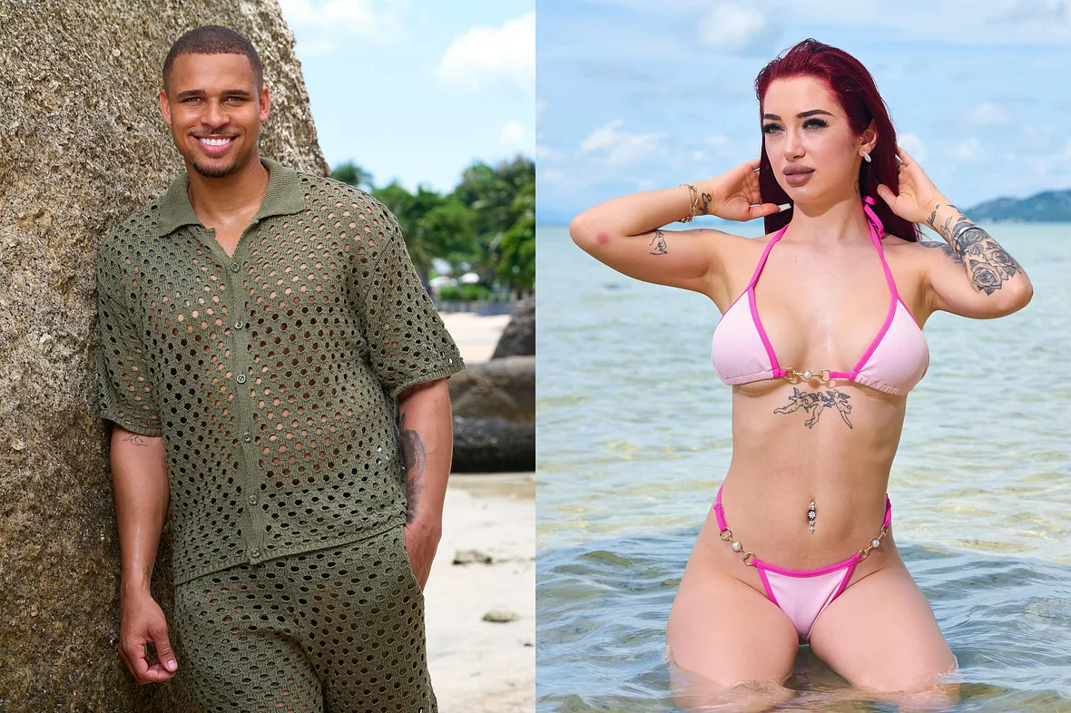 Collage: Links posiert Kevin Njie am Strand und rechts Ariel im Wasser