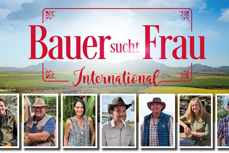 Das Logo von "Bauer sucht Frau International" und die Porträt-Bilder der Kandidaten der 7. Staffel.