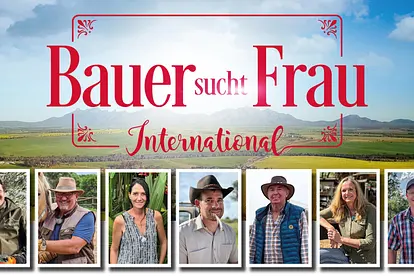 Das "Bauer sucht Frau International"-Logo und die Porträt-Bilder der Kandidaten.