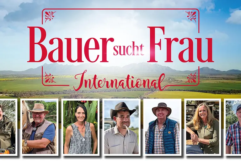 Das "Bauer sucht Frau International"-Logo und die Porträt-Bilder der Kandidaten.