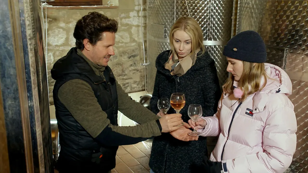 bauer-sucht-fraue-international-martins-kandidatin-reist-ab Bauer sucht Frau International: Martin und seine Kandidatinnen Miriam und Vanessa bei der Weinprobe. - Foto: RTL