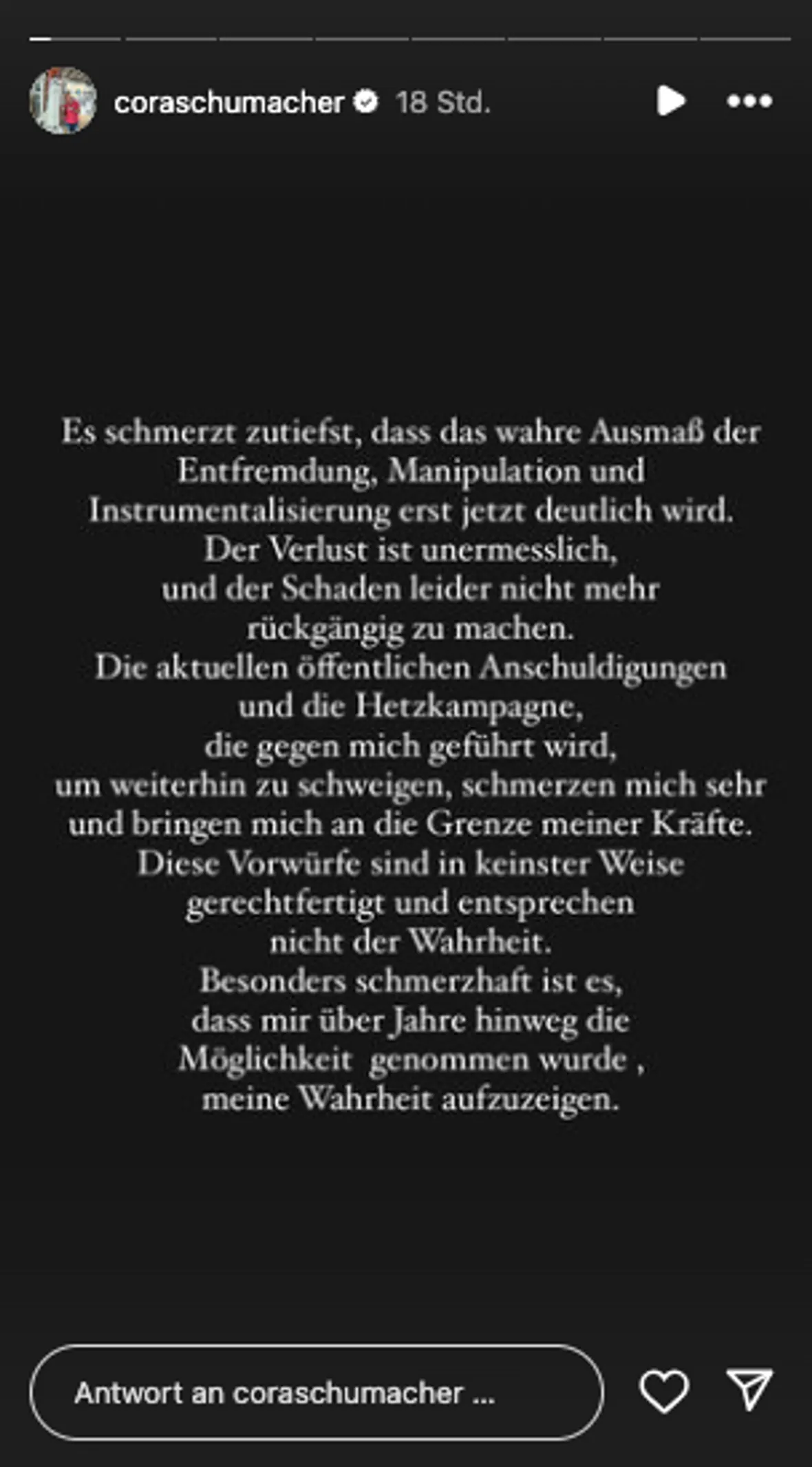 Cora Schumachers Statement auf Instagram Cora Schumachers Statement auf Instagram