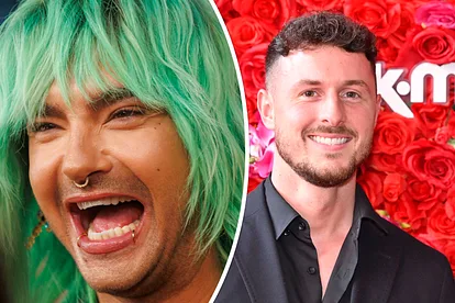 Collage: Bill Kaulitz lacht mit offenem Mund, Jannik Kontalis lächelt in die Kamera.