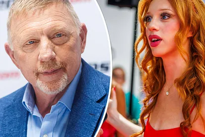 Collage: Boris Becker schaut ernst in die Kamera, Anna Ermakova guckt überrascht.