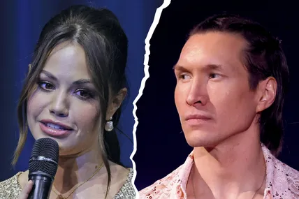 Fotocollage von Christina Hänni und Evgeny Vinokurov. Er blickt ernst in ihre Richtung. 