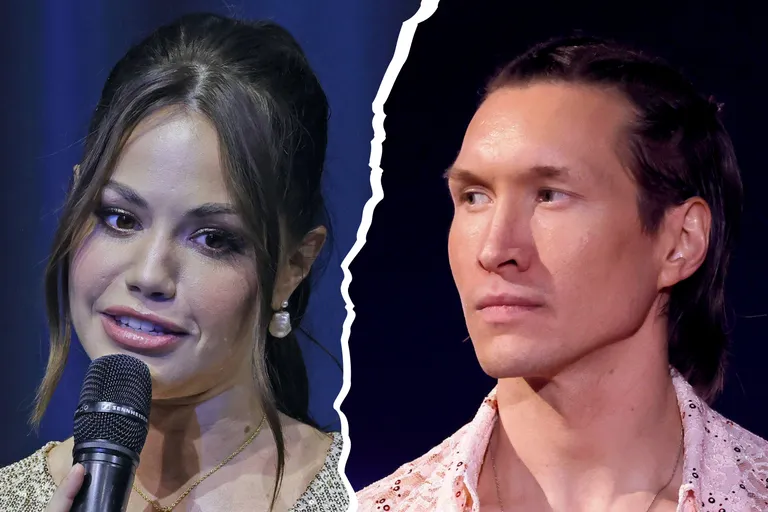 Fotocollage von Christina Hänni und Evgeny Vinokurov. Er blickt ernst in ihre Richtung. 
