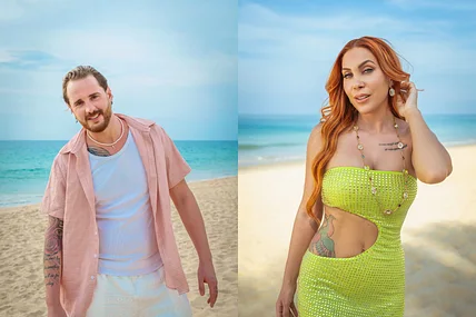 Collage: Links Dennis Lodi, rechts Tara Tabitha, beide posieren am Star-Strand von KDRS
