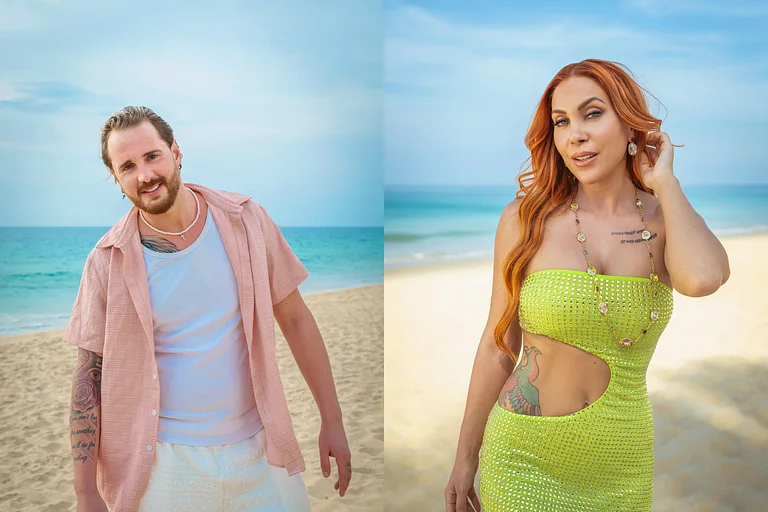 Collage: Links Dennis Lodi, rechts Tara Tabitha, beide posieren am Star-Strand von KDRS