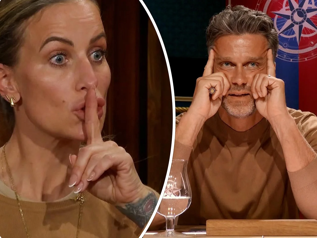 Die Verräter stellen sich gegeneinander. Charlotte mit erhobenem Zeigefinger, während Wayne seine Hände an sein Gesicht hält. - Foto: RTL