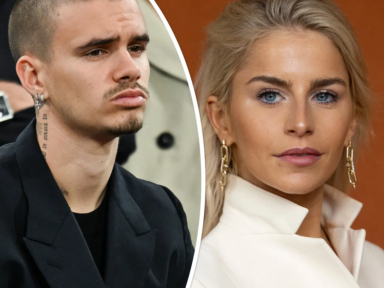 Romeo Beckham und Caro Daur wurden in Paris zusammen gesichtet. Romeo Beckham mit ernstem Blick in schwarzem Anzug. Caro Daur bei einer Veranstaltung im weißen Outfit. - Foto: IMAGO / Bestimage/IMAGO / Starface