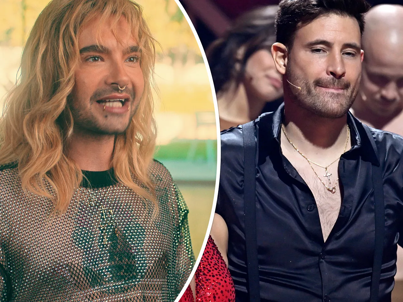collage(73) Collage: Bill mit Netzhemd und lockigen Haaren lächelnd, während Marc die Lippen zusammenpresst und ernst in die Ferne schaut. - Foto: Netflix/ IMAGO / Panama Pictures