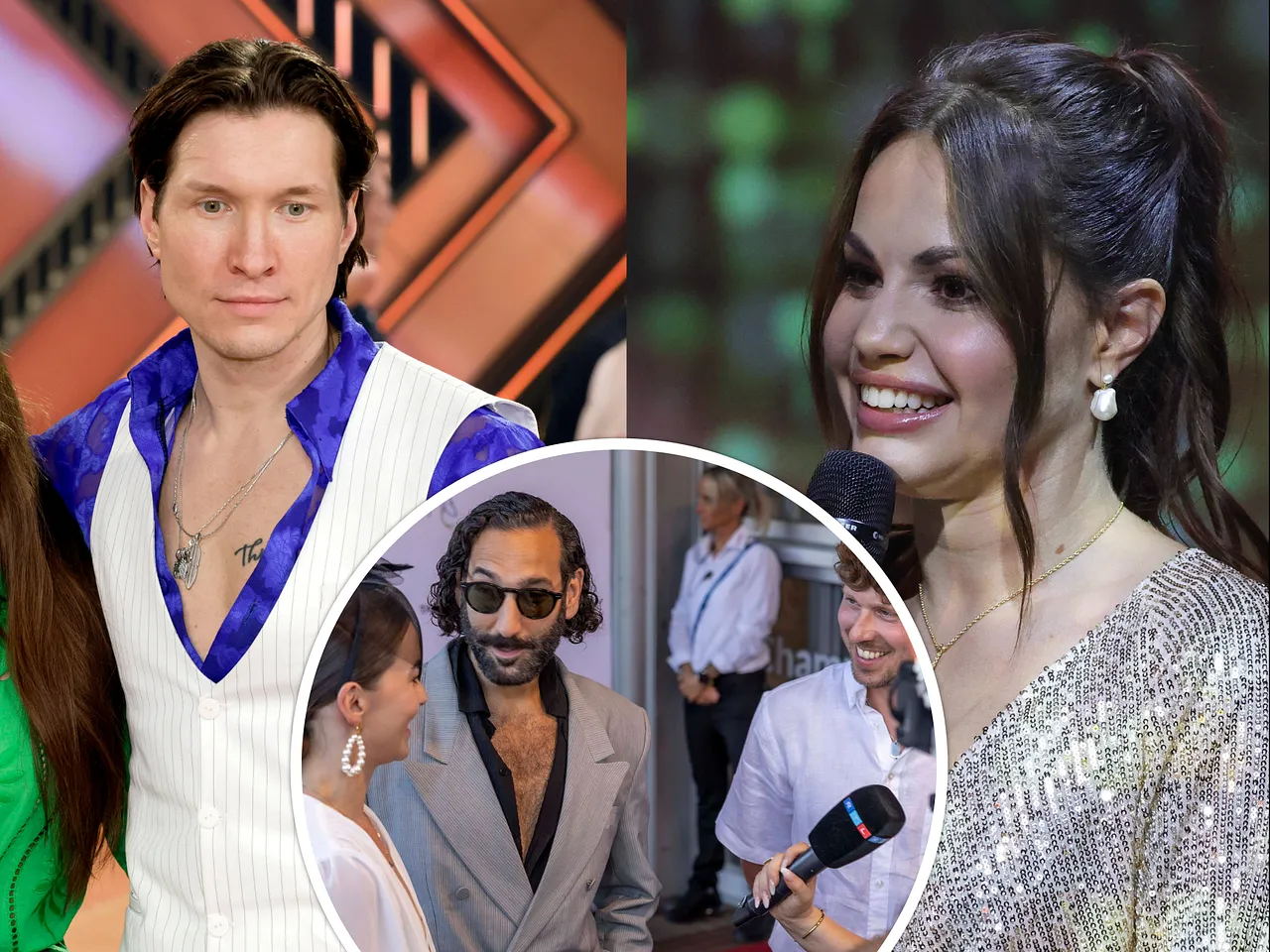 Collage: Evgeny Vinokurov schaut gedankenverloren, Christina Hänni lächelt, mit Mikro in der Hand. Unten im Kreis unterhalten sich Renata, Massimo und Valentin.