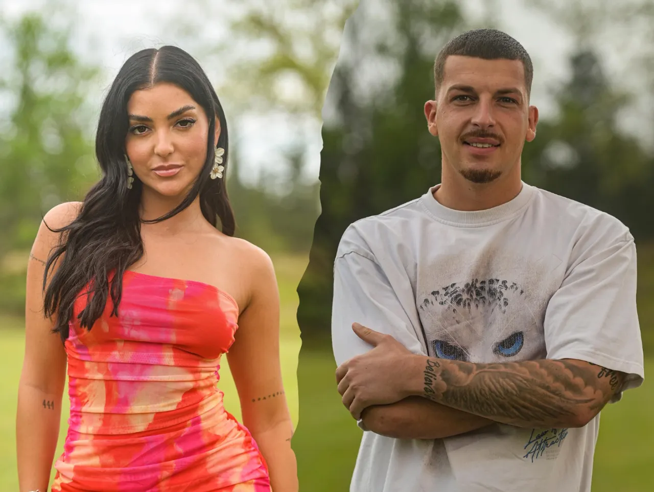 Design ohne Titel (5) Rechts: Jennifer Iglesias, frontal in die Kamera gerichtet mit einem ernsten Blick. Links: Ihr Ex-Freund Nico Müller, mit einem Lächeln und verschränkten Armen. - Foto: RTL