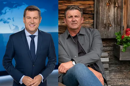 Links im Bild steht Jens Riewa im "Tagesschau"-Studio. Rechts sitzt Hans Sigl in "Der Bergdoktor" auf einer Bank vor einer Holzhütte.