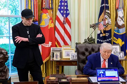 Elon Musk steht mit verschränkten Armen neben dem im Oval Office sitzenden Donald Trump. Heute sind sie keine Freunde mehr.