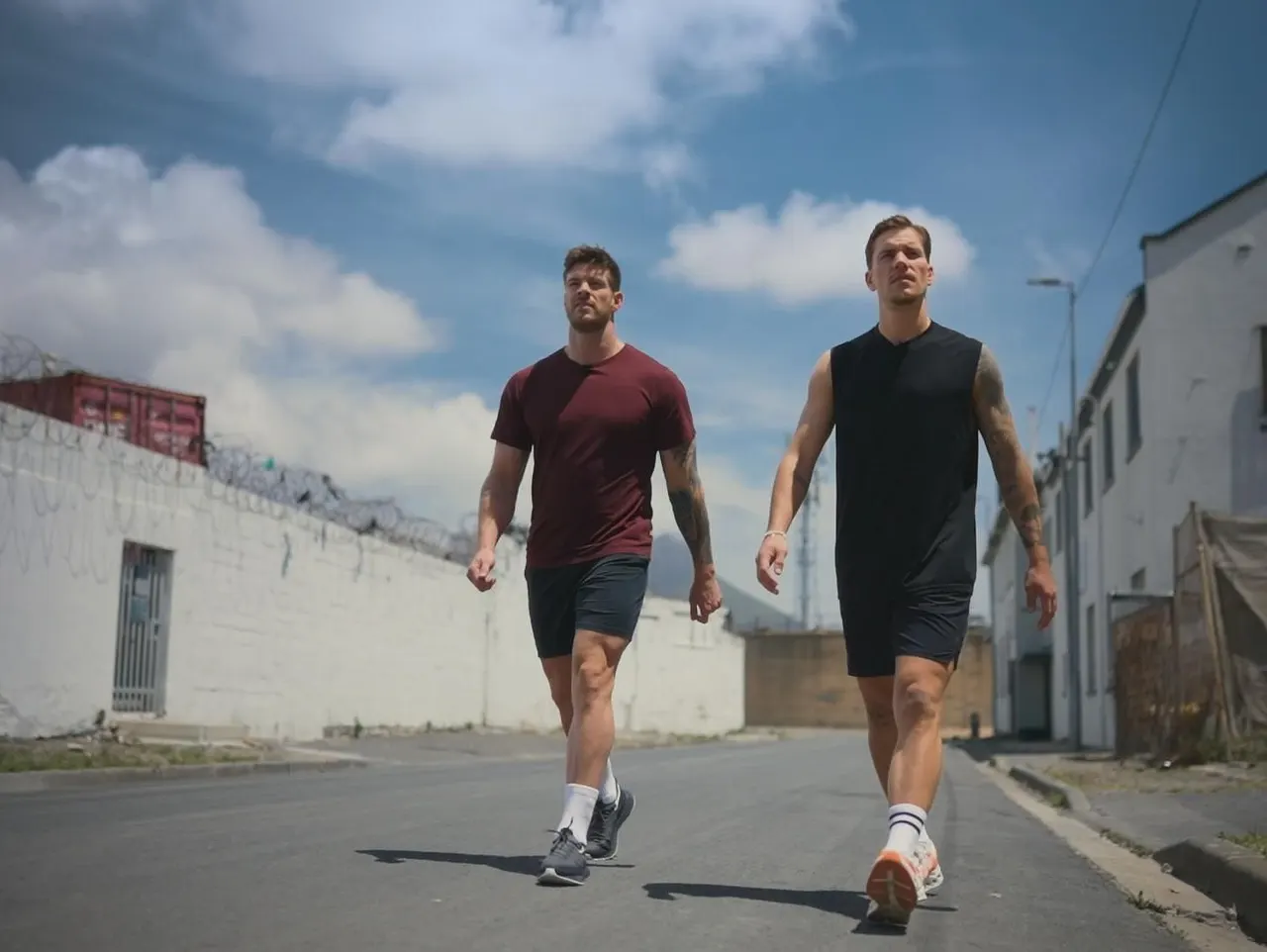 F206B (1) Martin Braun und Felix Stein, die Bachelors, laufen in Sportoutfits eine verlassene Straße entlang. - Foto: RTL