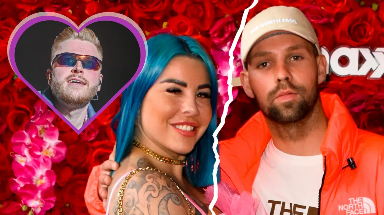 FiNCH, Kate Merlan und Jakub Jarecki Collage aus FiNCH (in einem Herz über Kate), Kate Merlan und Jakub Jarecki, die ein Riss trennt - Foto: IMAGO / xcitepress / BREUEL-BILD