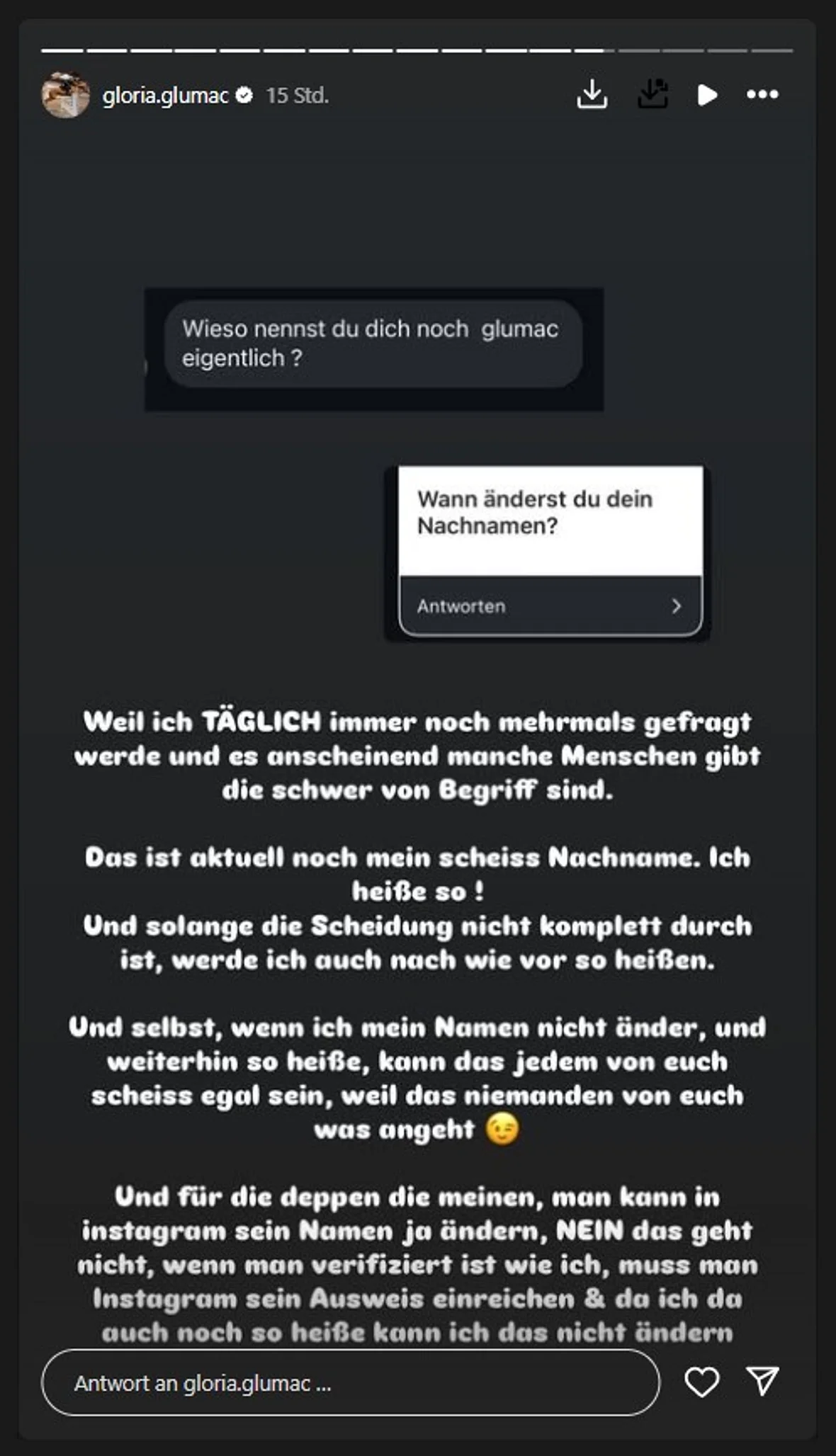 Gloria Glumac auf Instagram über ihren Nachnamen nach der Scheidung Gloria Glumac auf Instagram über ihren Nachnamen nach der Scheidung