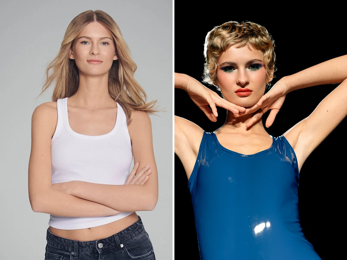 Zoe Vorher: Blonde mittellange Wellen, Nachher Pixi-Cut mit Stirnfransen, blond Zoe Vorher: Blonde mittellange Wellen, Nachher Pixi-Cut mit Stirnfransen, blond