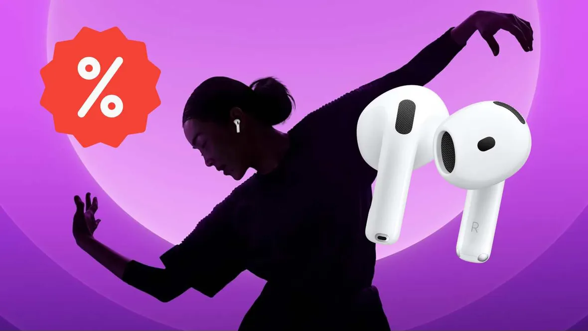 tempimageccx2mh Eine Frau tanzt mit den Apple AirPods im Ohr, die als Produkt auch im Vordergrund noch zu sehen sind.