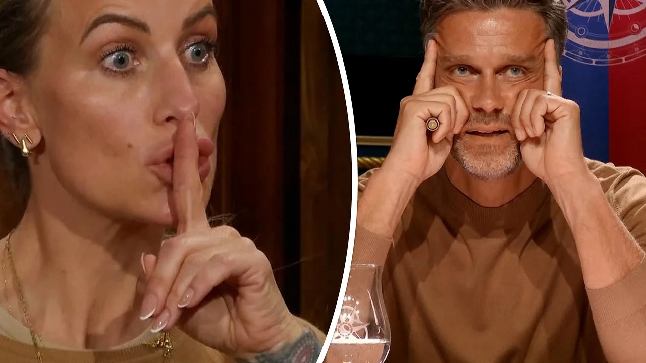 Charlotte mit erhobenem Zeigefinger, während Wayne seine Hände an sein Gesicht hält.