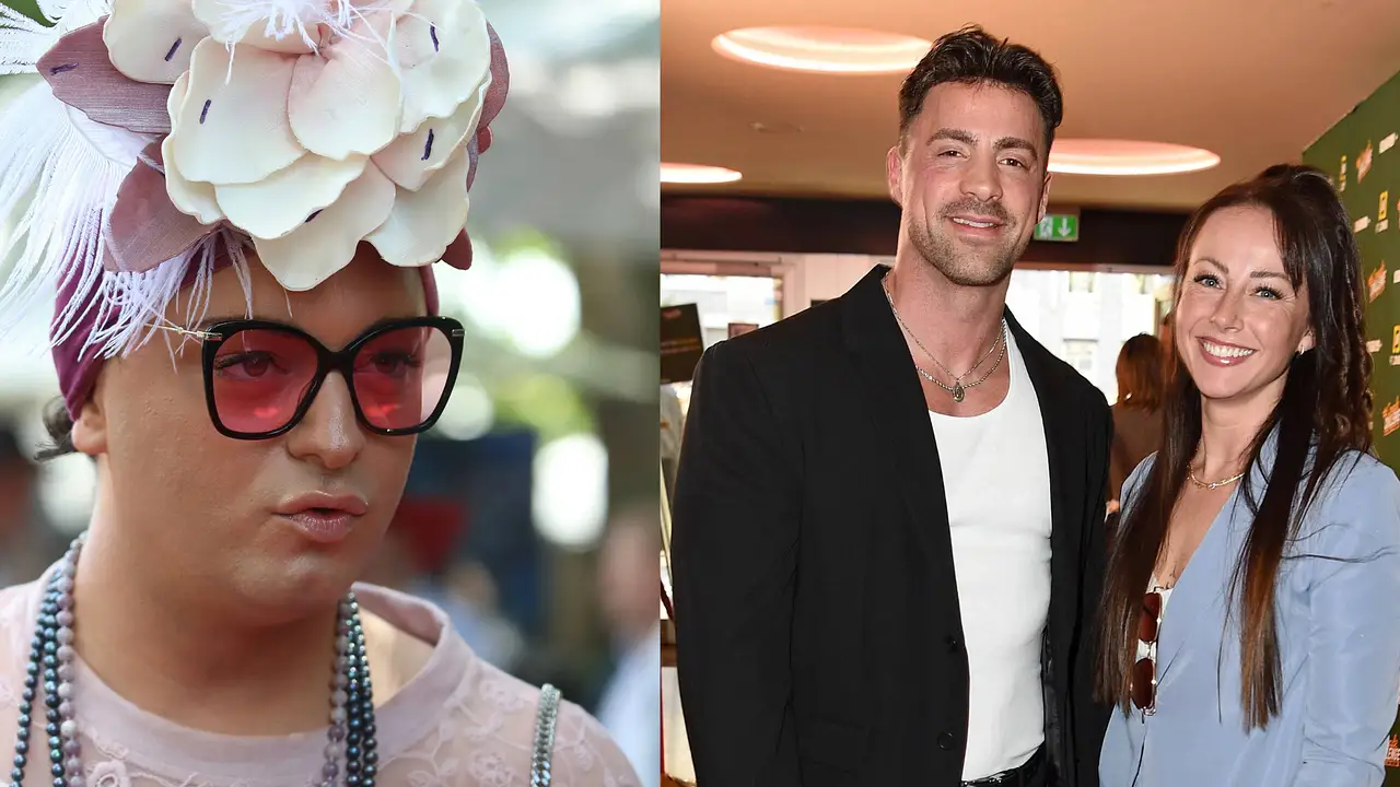 Julian F.M. Stoeckel entschuldigt sich öffentlich bei Tobias Wegener - und teilt ordentlich gegen Sandra Sicora aus Links Julian F.M. Stoeckel mit rosa Hut mit großen Blumen, rechts Sandra Sicora und Tobi Wegener bei der Couple Challenge-Premiere - Foto: IMAGO / Frank Sorge / Gartner