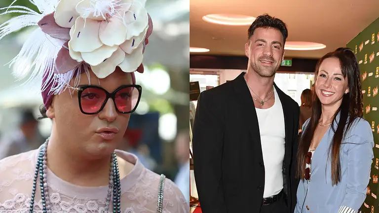 Collage: Links Julian F.M. Stoeckel mit rosanem Hut mit großen Blumen, rosanem Oberteil mit Perlenketten und Sonnenbrille, rechts Sandra Sicora und Tobi Wegener auf dem roten Teppich bei der Ausstrahlung von Couple Challenge
