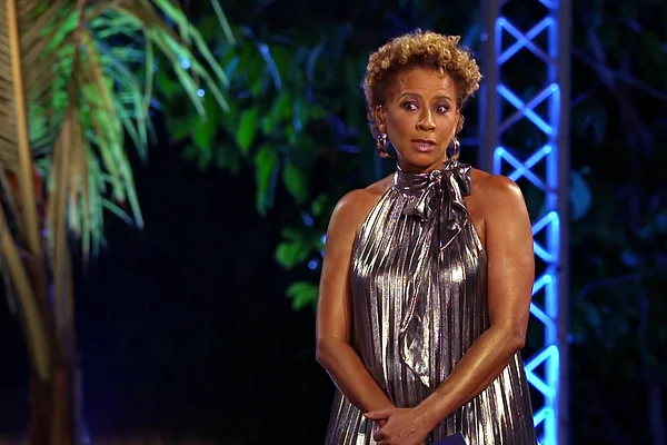 Arabella Kiesbauer in einem silberfarbenen Kleid erklärt etwas mit ernstem Blick.