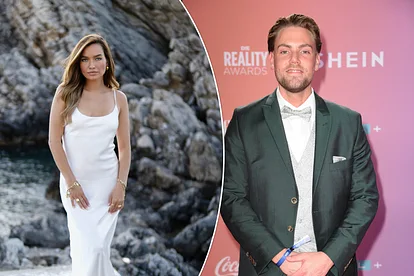 Collage: rechts posiert Karina im weißen Kleid für "Make Love, Fake Love", links posiert Steffen im grünen Anzug bei den Reality Awards 2024