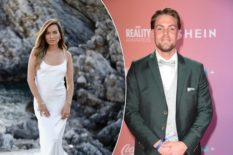 Collage: rechts posiert Karina im weißen Kleid für "Make Love, Fake Love", links posiert Steffen im grünen Anzug bei den Reality Awards 2024