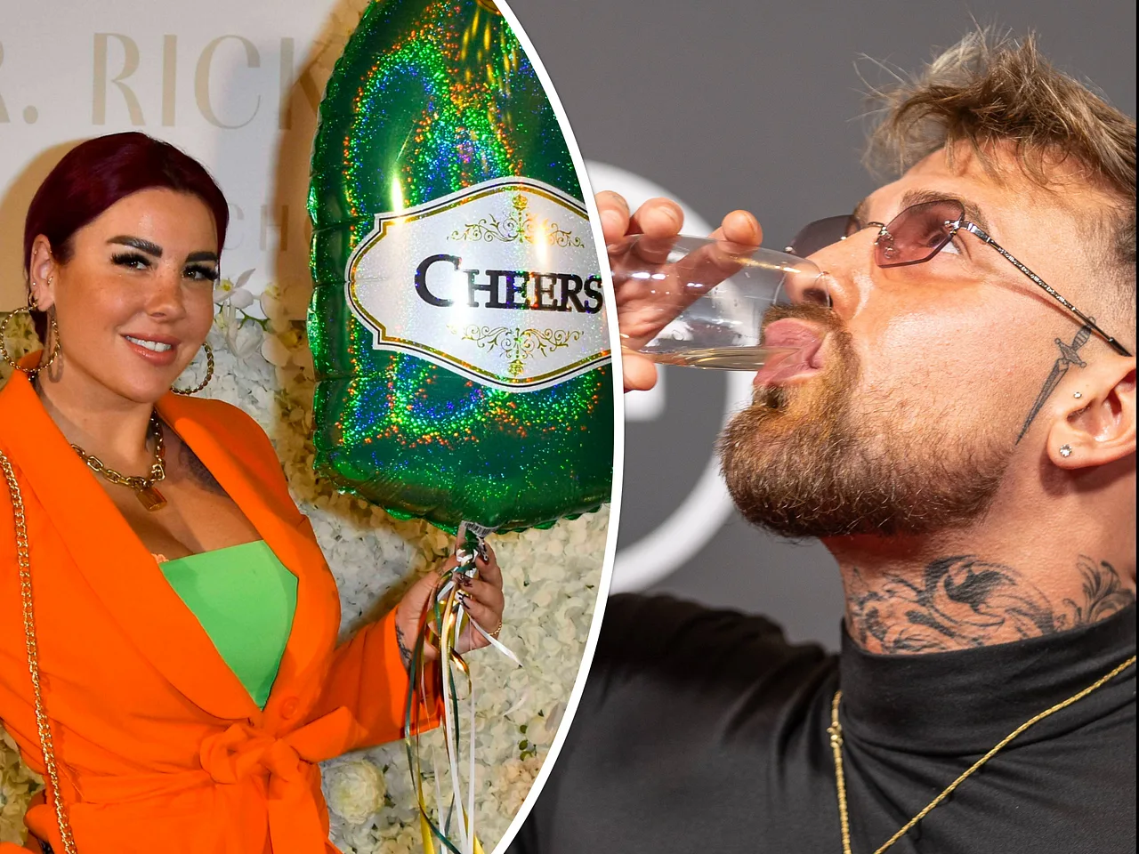 kate-merlan-cola-gigi-girofio-untreu-roland-schill-nackt Kate Merlan posiert in grünem Top und oranger Jacke mit einem Cheers-Luftballon in der Hand, Gigi Birofio kippt sich ein Sektchen hinter die Binde. - Foto: IMAGO / BREUEL-BILD & IMAGO / Beautiful Sports