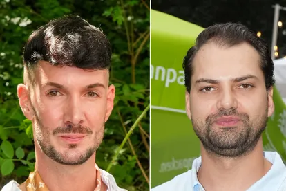 Fotocollage von Kevin Schäfer, einen edlen Seidenschal tragend, und Jimi Blue Ochsenknecht in einem hellblauen Hemd.