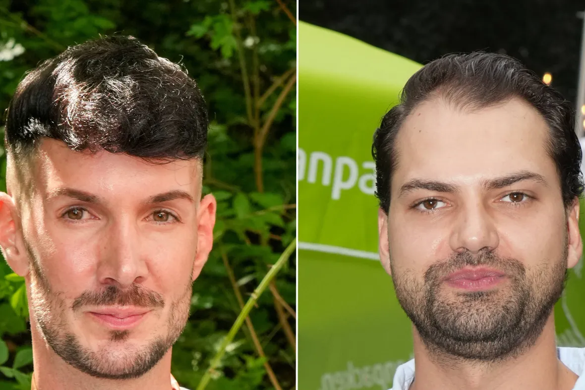 Fotocollage: Kevin Schäfer mit ernstem Blick und Jimi Blue Ochsenknecht in einem hellblauen Hemd, ebenfalls ernst schauend.