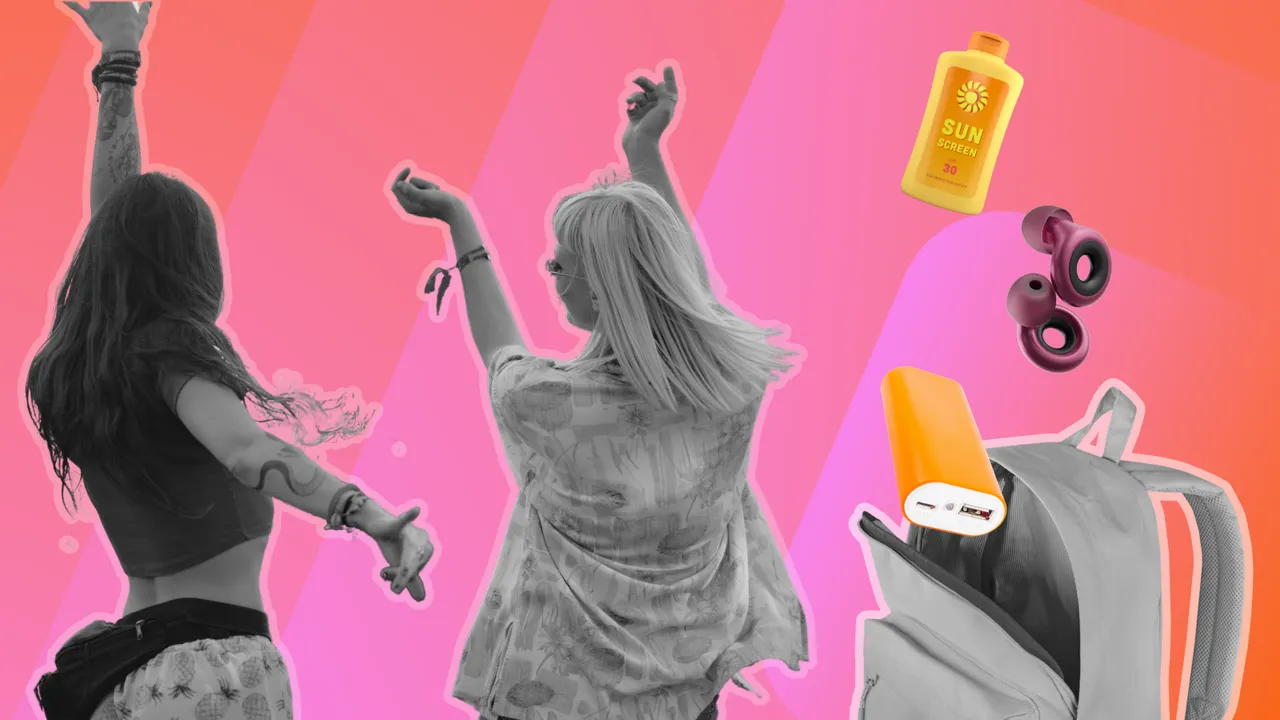 Kopie von Kopie von Kopie von Kopie von Allgemein 3 (1600 x 900 px) (26) Zwei Mädels tanzen auf einem Festival und in einen Rucksack fallen Sonnencreme, Ohrstöpsel und Powerbank von der Packliste - Foto: iStock / Ivan Pantic / NYS444 + Kollage: InTouch.de