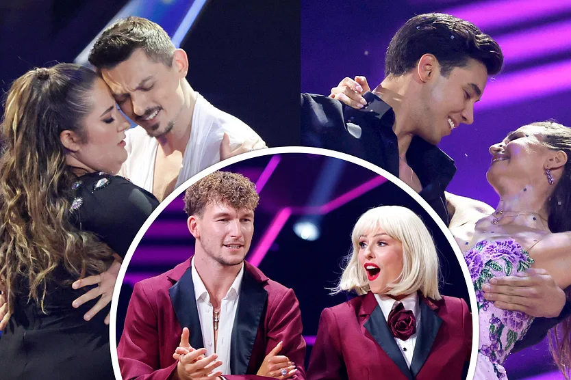 Collage: SelfieSandra schmiegt sich beim Tanzen an Zsolt Sándor Cseke, Diego Pooth hält Ekaterina Leonova im Arm, während sie sich anstrahlen. In der Mitte: Mika Tatarkin applaudiert, während Patricija Ionel schockiert den Mund aufreißt. 