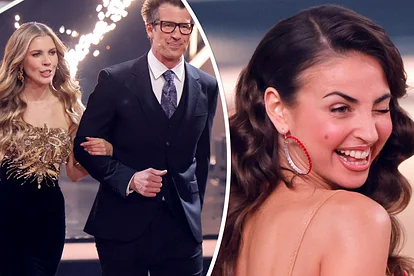 Collage: Die "Let's Dance"-Moderatoren Victoria Swarovski und Daniel Hartwich betreten für die Profi-Challenge die Bühne, Ekaterina Leonova zwinkert in die Kamera!